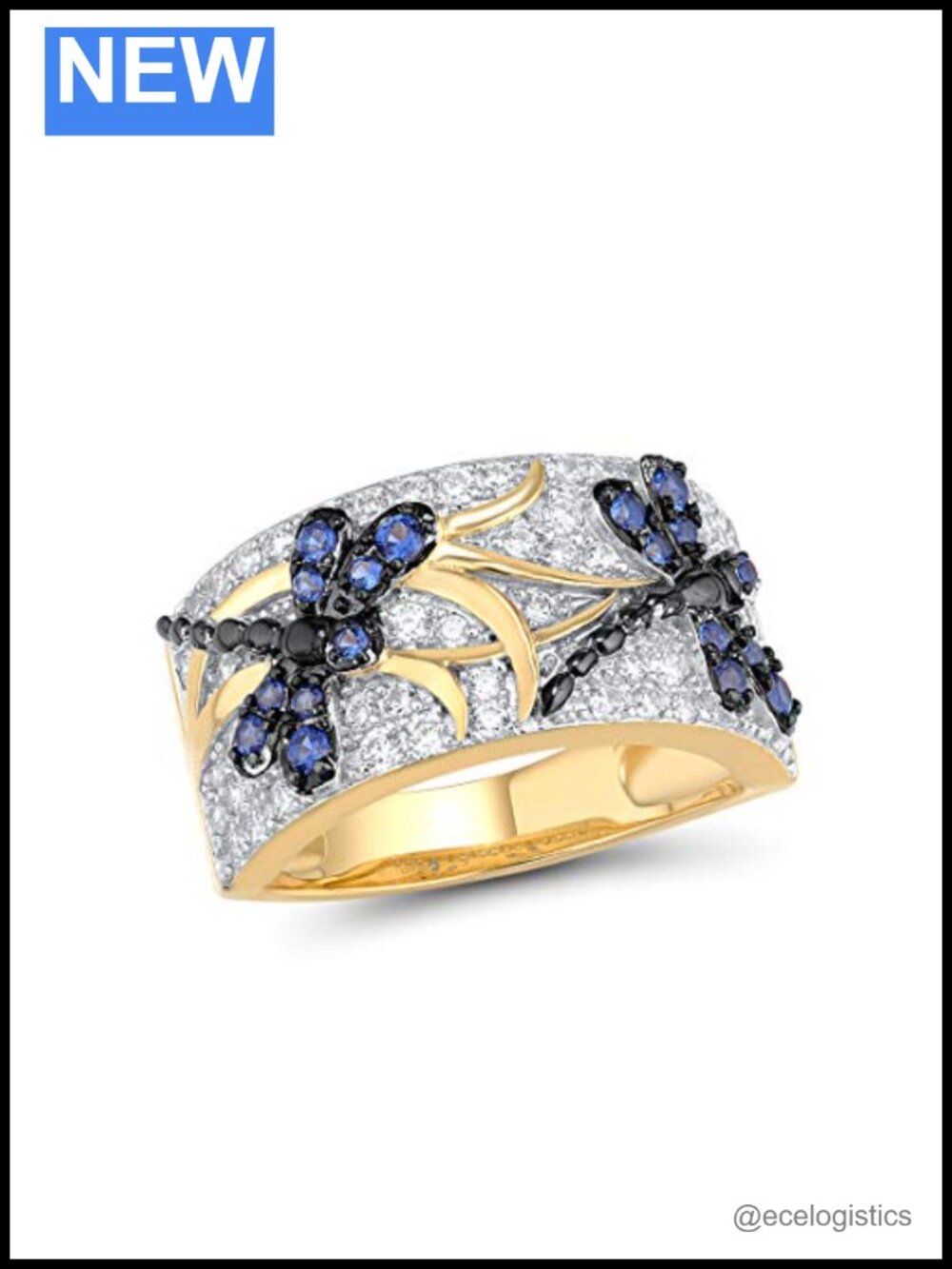 14K Gold Plated Dragonfly Ring 925 Sterling Silver Cubic Zirconia Size 9
